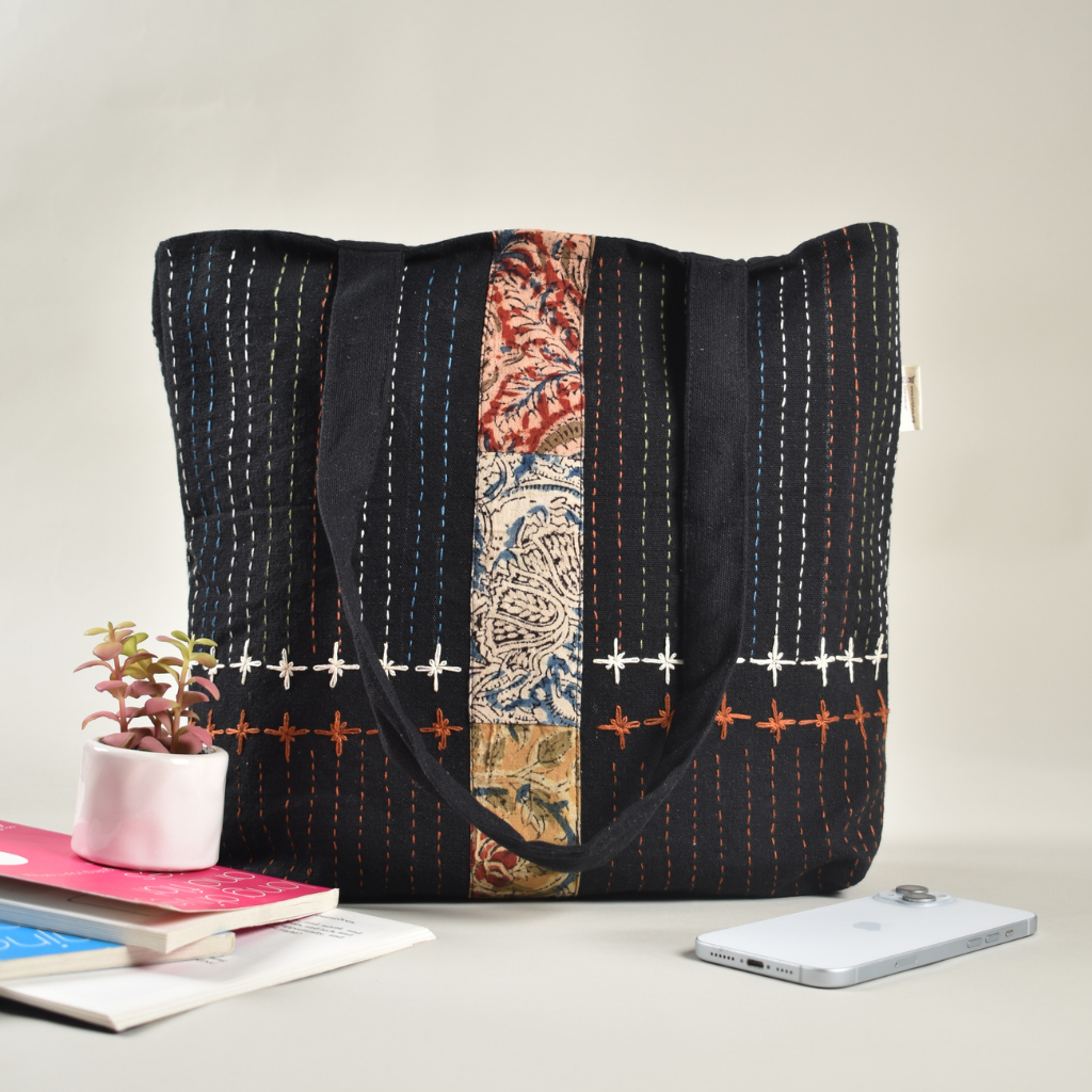 Embroidery Black Canvas Tote Bag - front