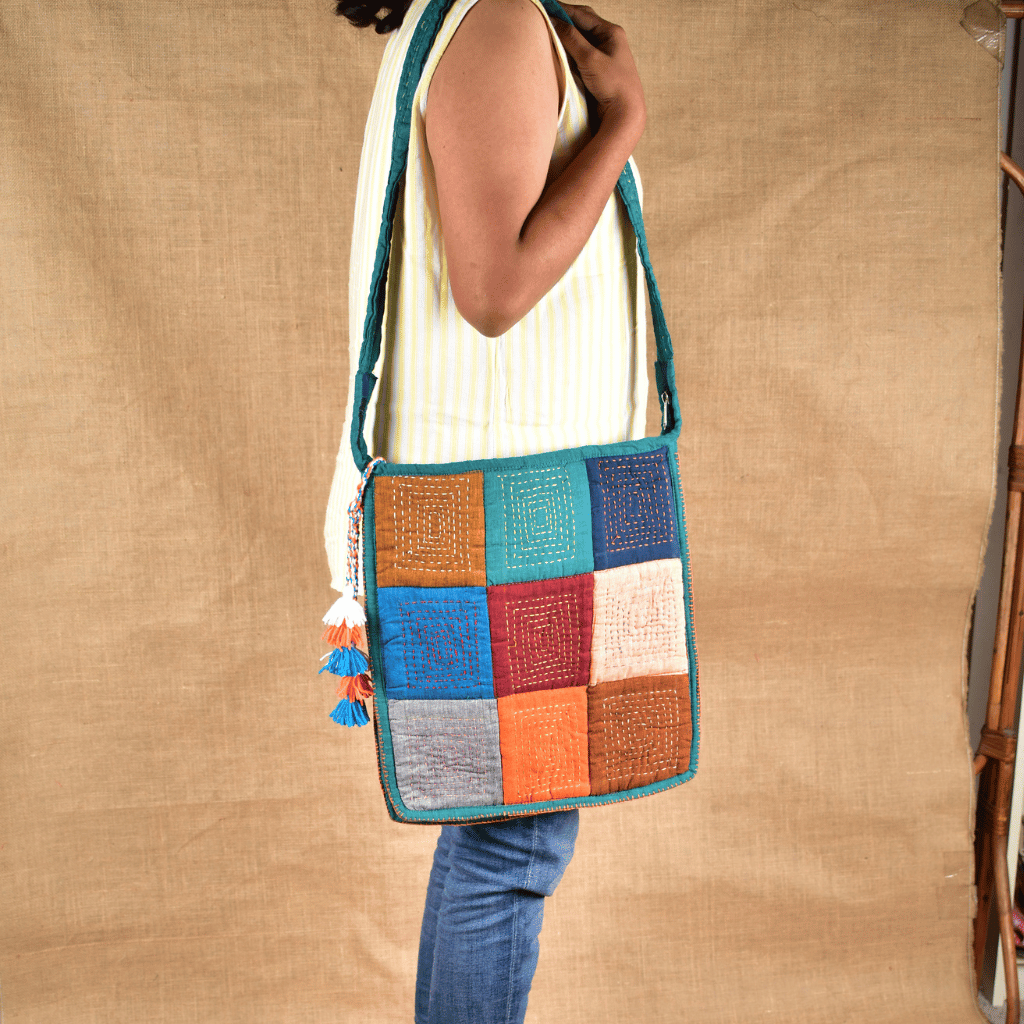 Patchwork Hand Embroidery Sling Bag - sidewear