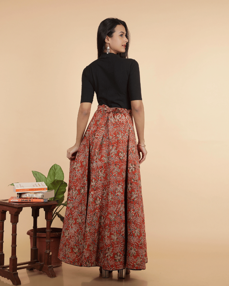 Wrap Around Skirt in Rust Kalamkari - back