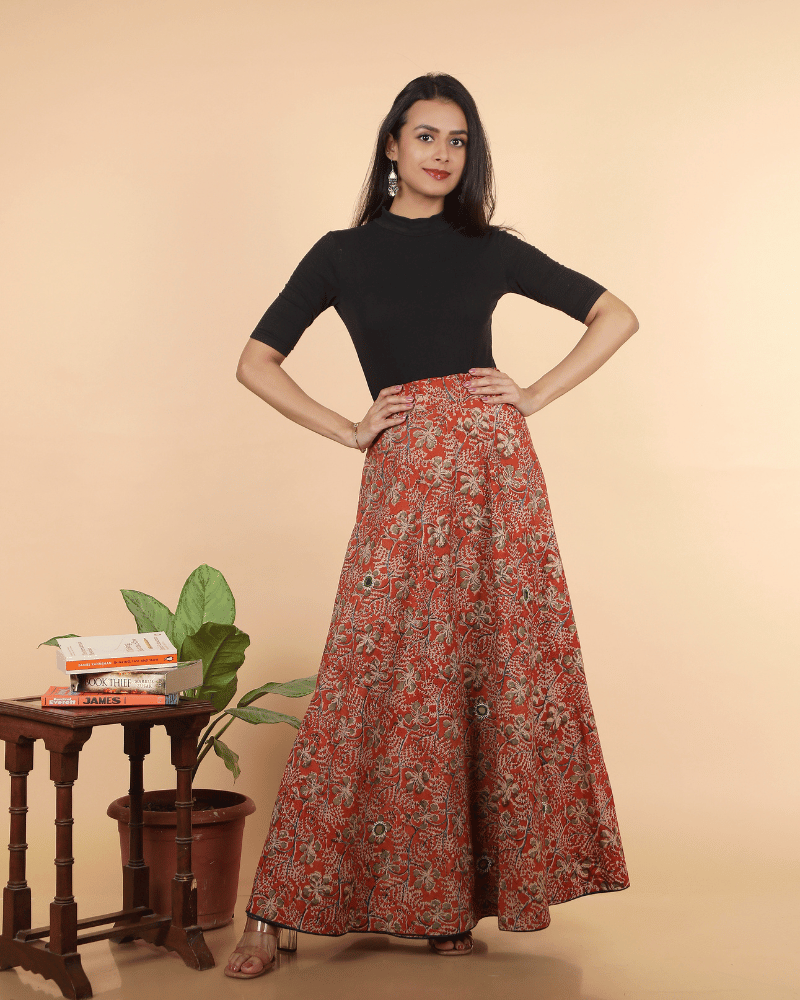 Wrap Around Skirt in Rust Kalamkari - front