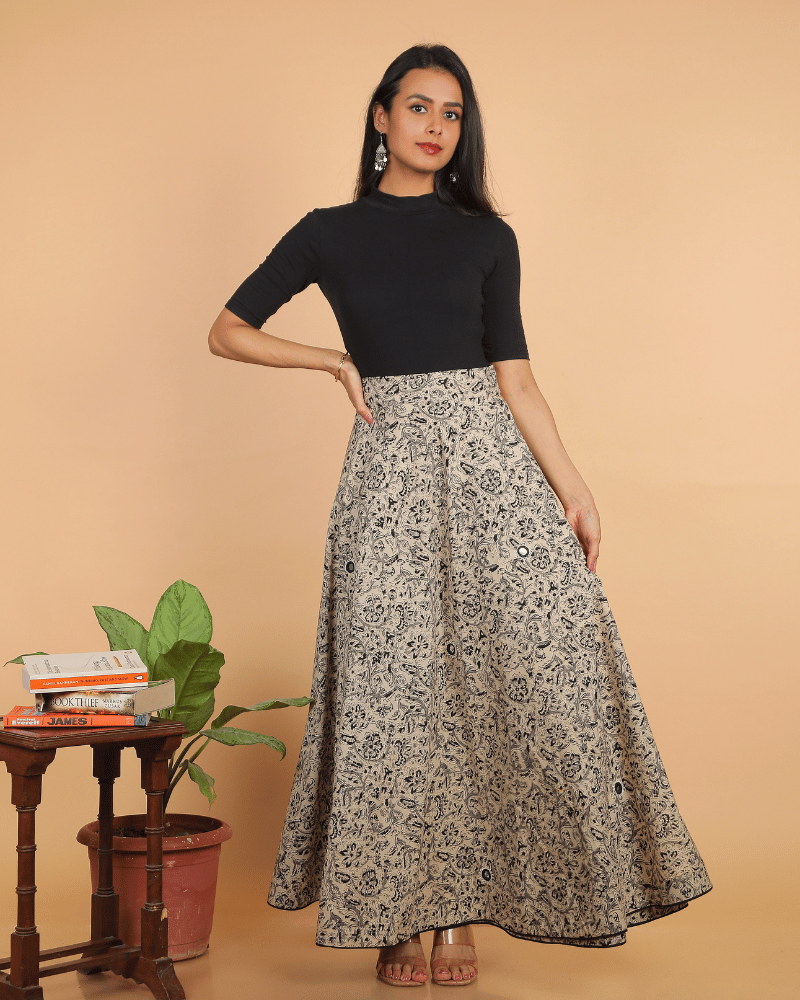 Wrap Around Skirt in Black Kalamkari - front