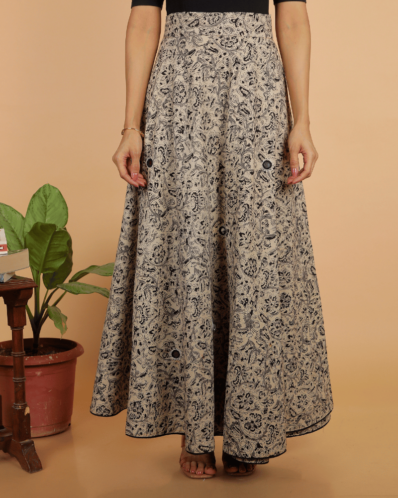 Wrap Around Skirt in Black Kalamkari - embroidery