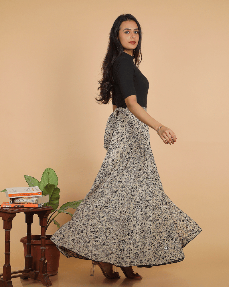 Wrap Around Skirt in Black Kalamkari - side