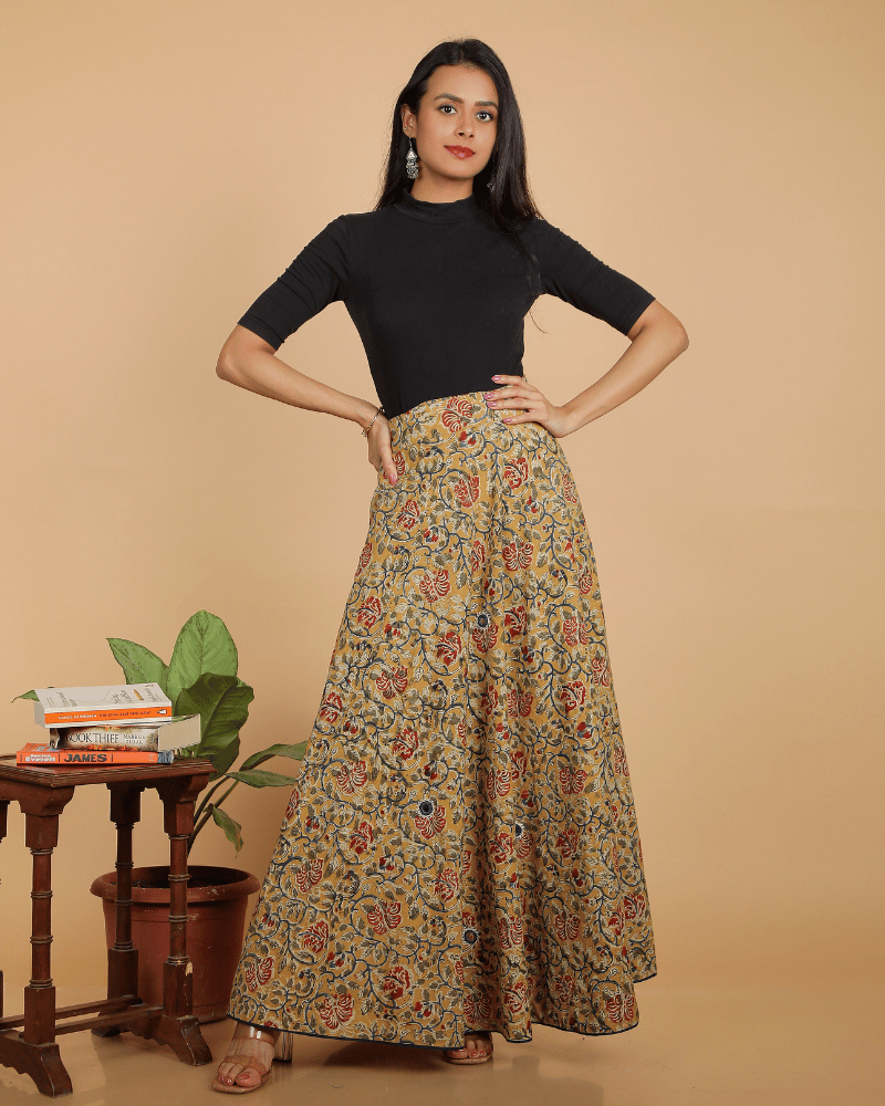 Wrap Around Skirt in Yellow Kalamkari - front
