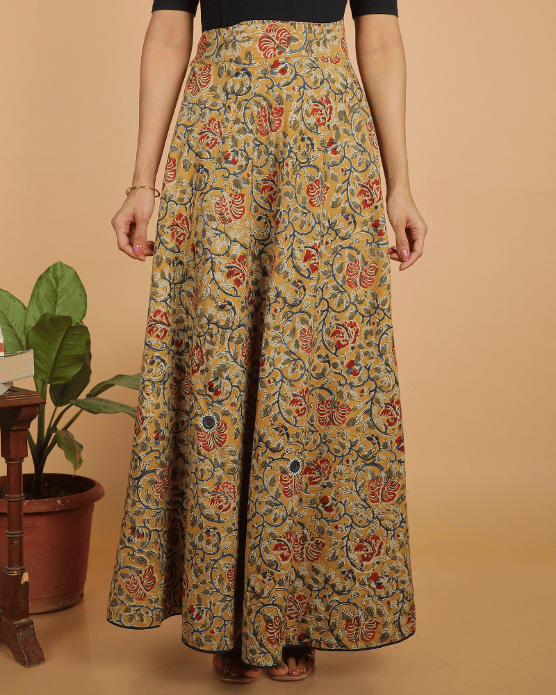 Wrap Around Skirt in Yellow Kalamkari - Embroidery