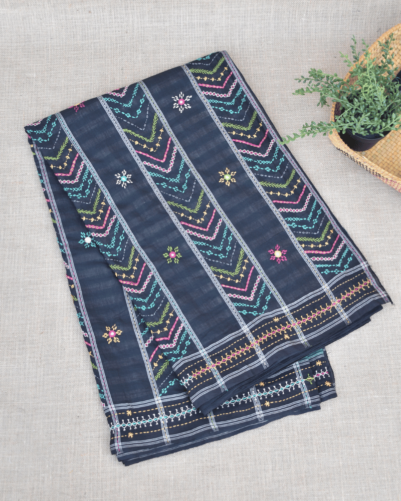 Green and black handloom double ikat saree with hand embroidery - Front