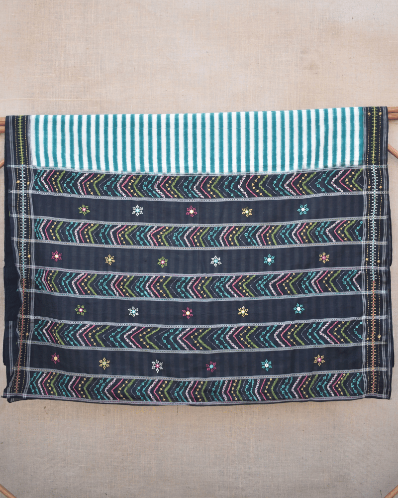 Green and black handloom double ikat saree with hand embroidery - body