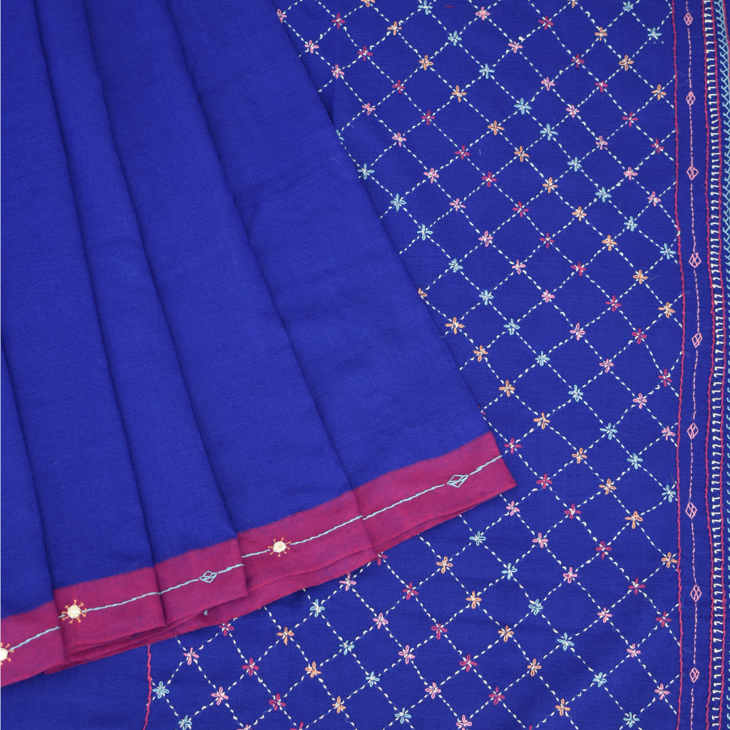 Blue hand embroidered handloom saree