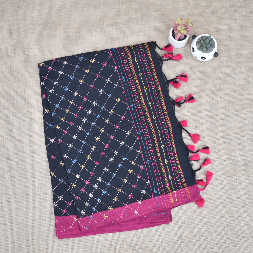 Black hand embroidered handloom saree - front