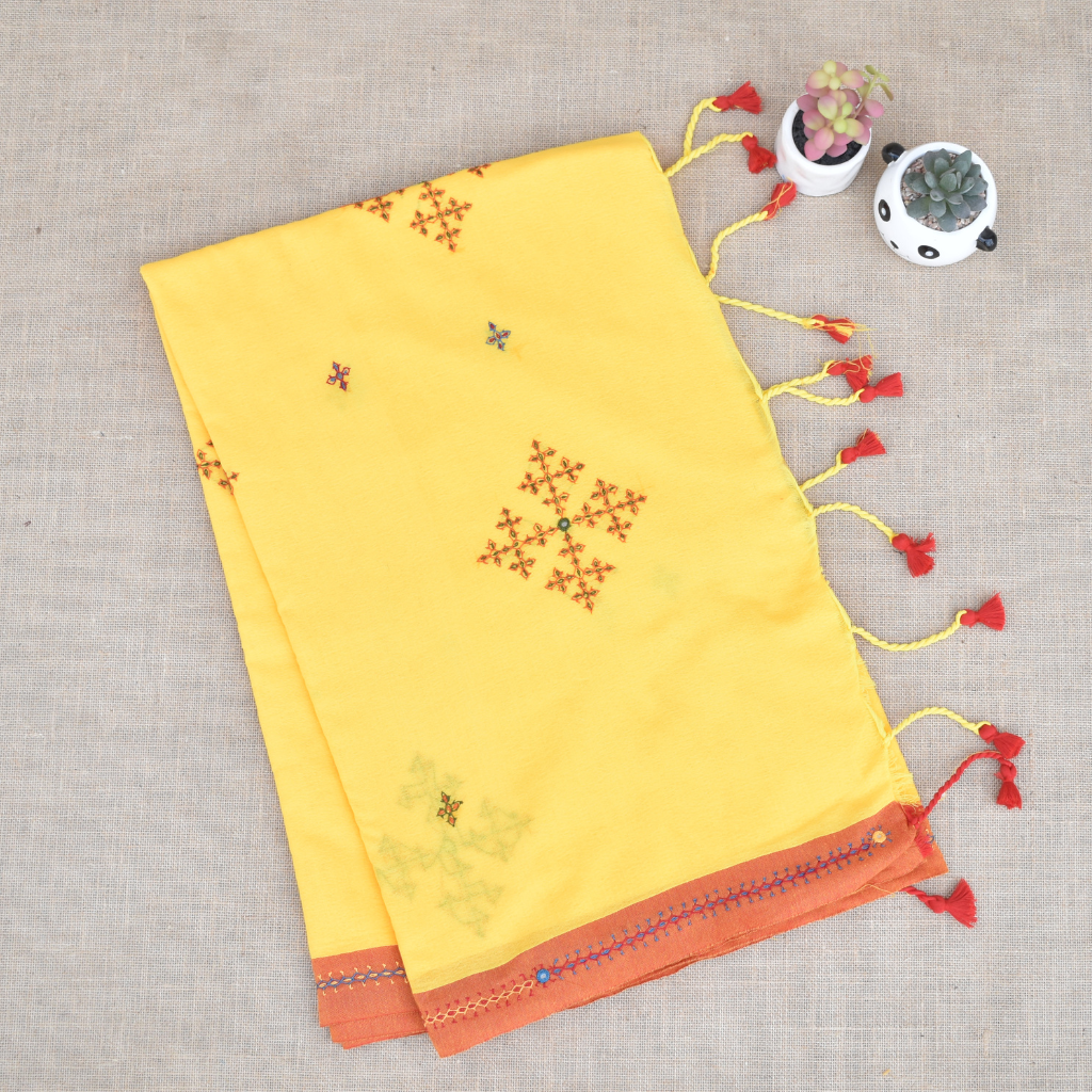 Yellow handloom saree with traditional banjara embroidery