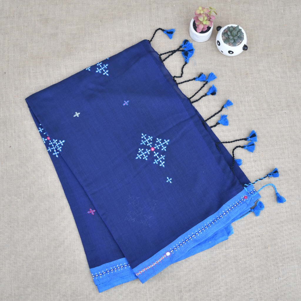 Navy blue handloom saree with traditional banjara embroidery