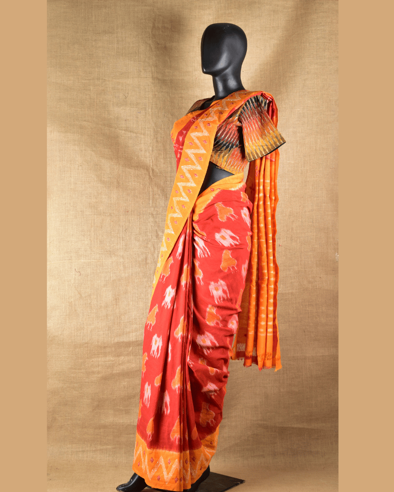 Red ikat saree with Yellow Border - side