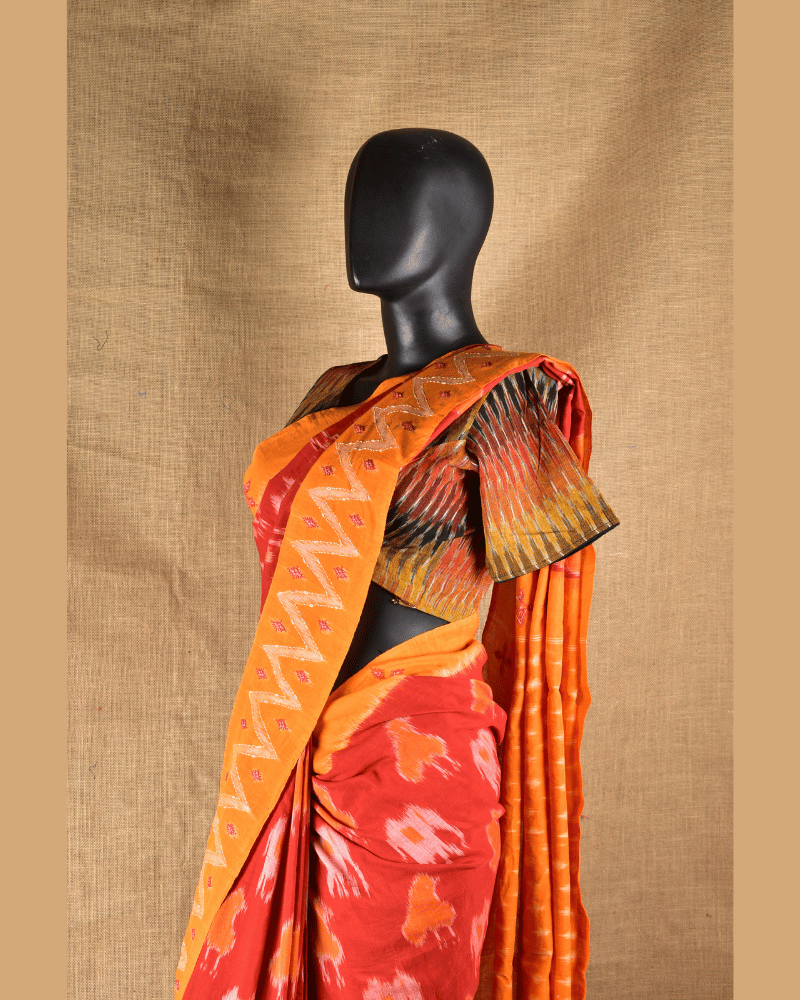 Red ikat saree with Yellow Border - pallu