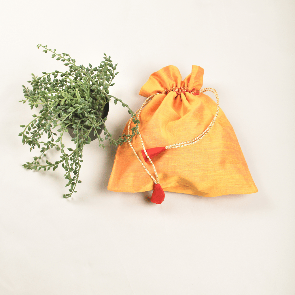 Silk Potli Bag With Brocade Trim For Gifting