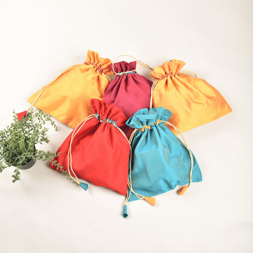 Silk Potli Bag With Brocade Trim For Gifting
