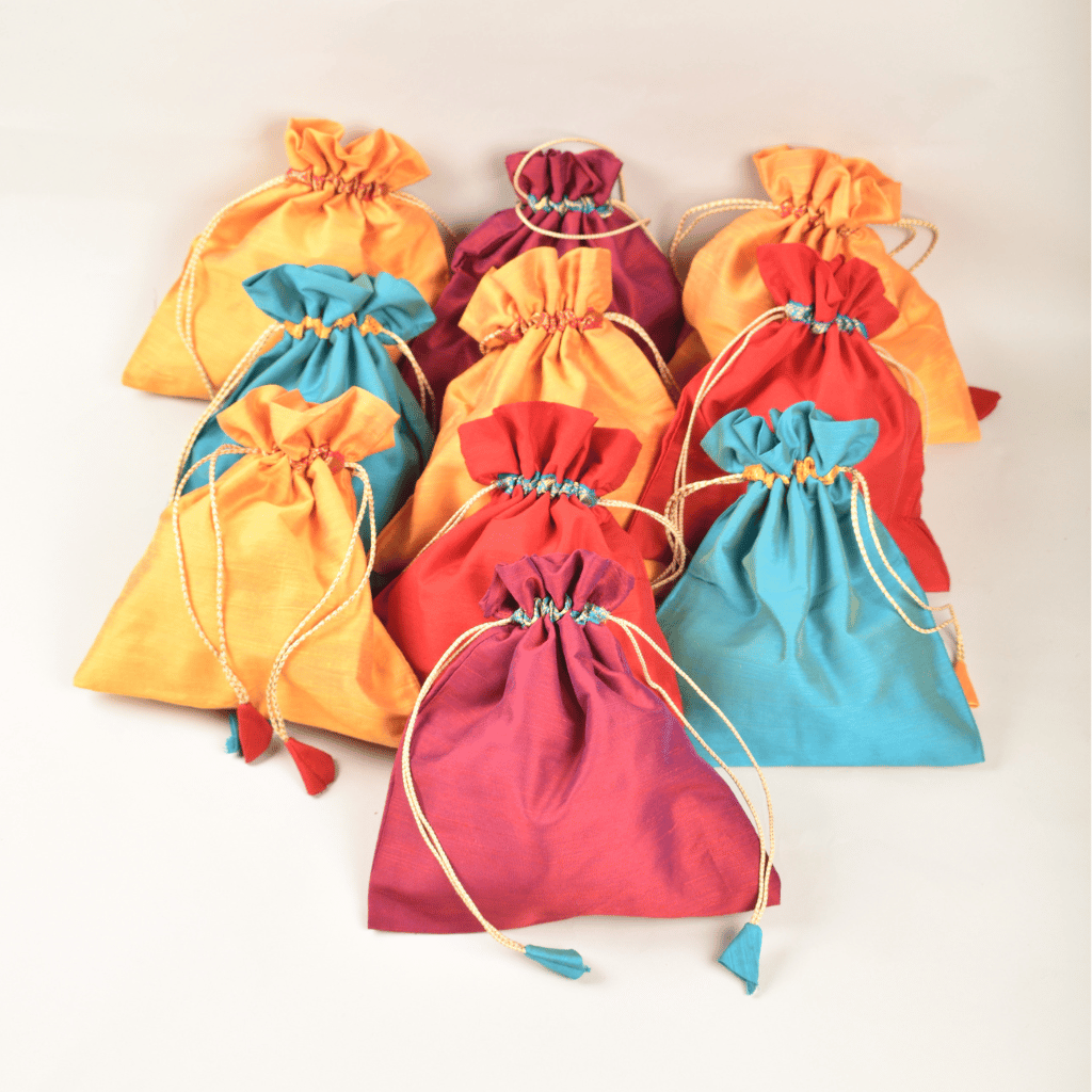 Silk Potli Bag With Brocade Trim For Gifting