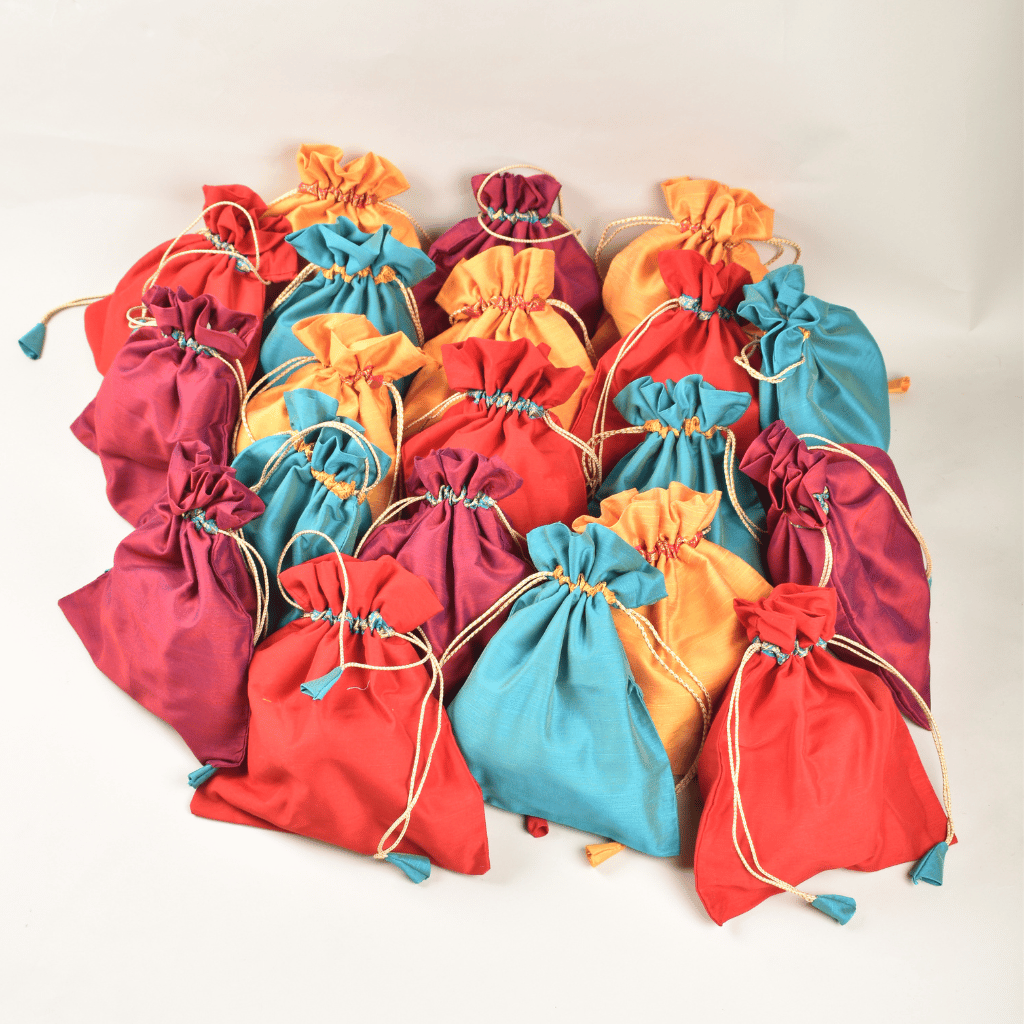 Silk Potli Bag With Brocade Trim For Gifting