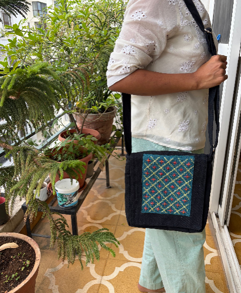 Blue and Pink Embroidery Sling Bag- style