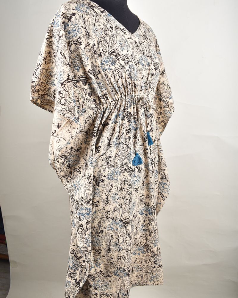 Short kaftan in blue kalamkari cotton