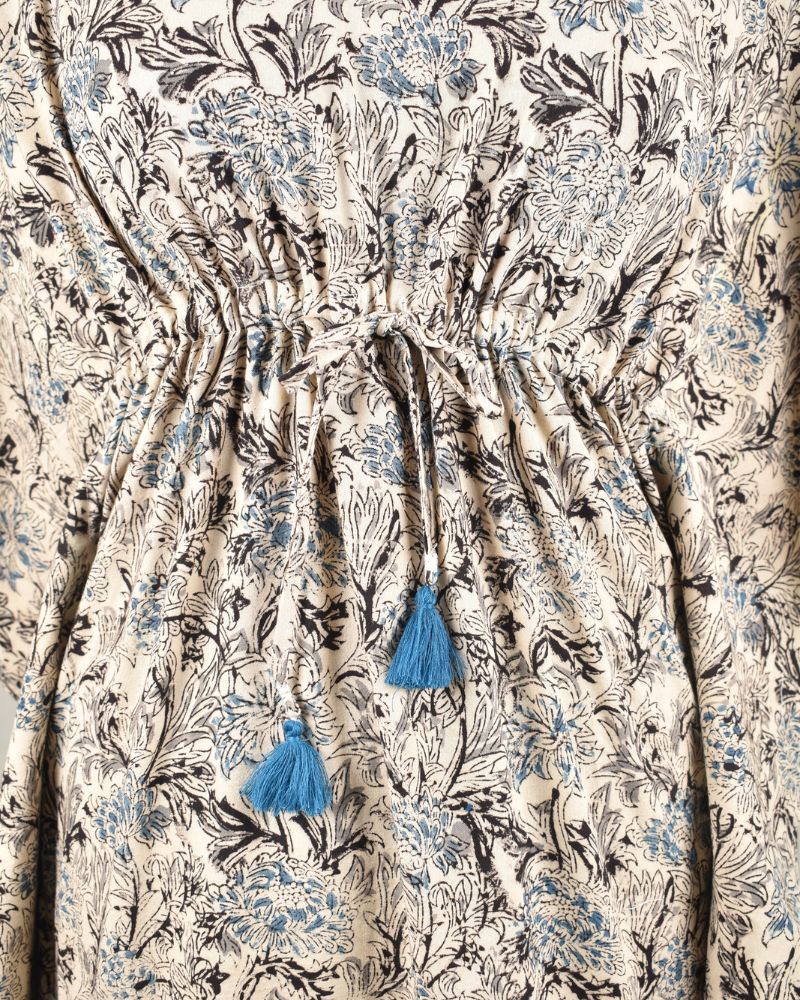 Short kaftan in blue kalamkari cotton