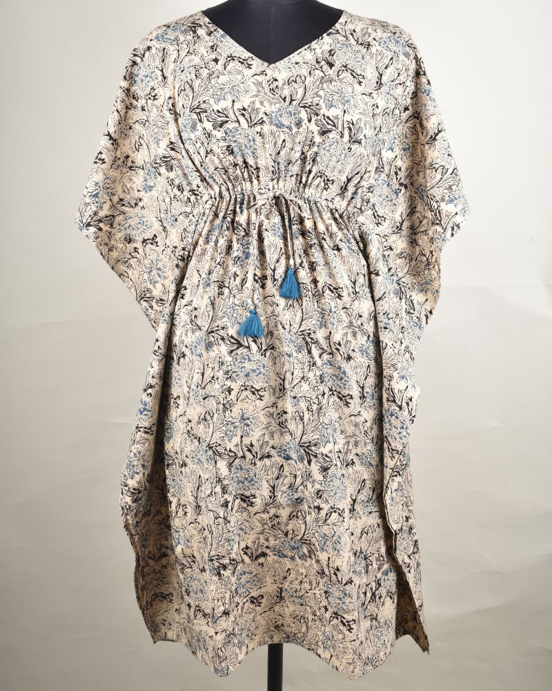 Short kaftan in blue kalamkari cotton