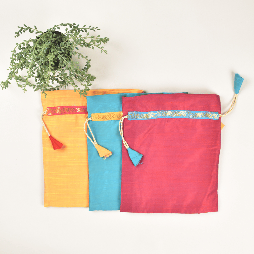 Silk Potli Bag With Brocade Trim For Gifting