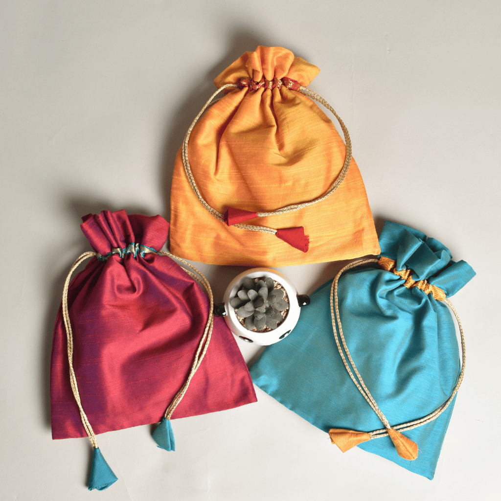 Silk Potli Bag With Brocade Trim For Gifting