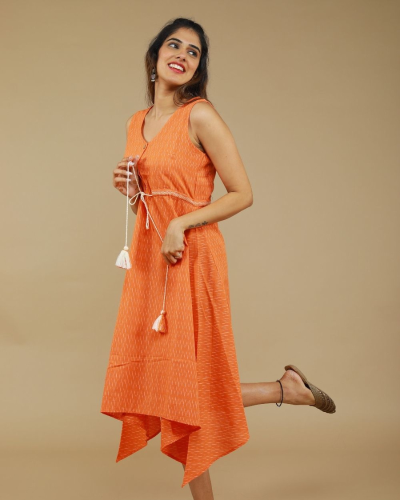 Sleeveless orange ikat dress with embroidered belt