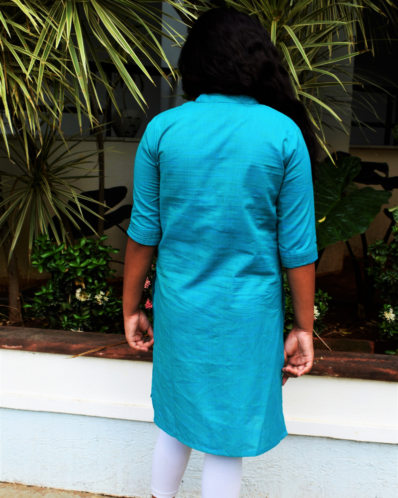 Straight Kurta With Pintucks In Blue Mangalagiri