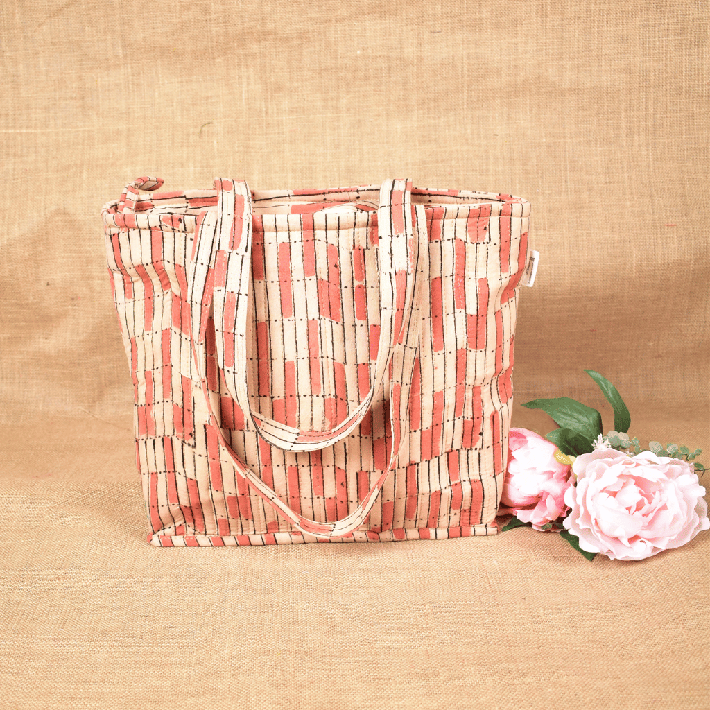 Pink Kalamkari Quilted Tote Bag - Front