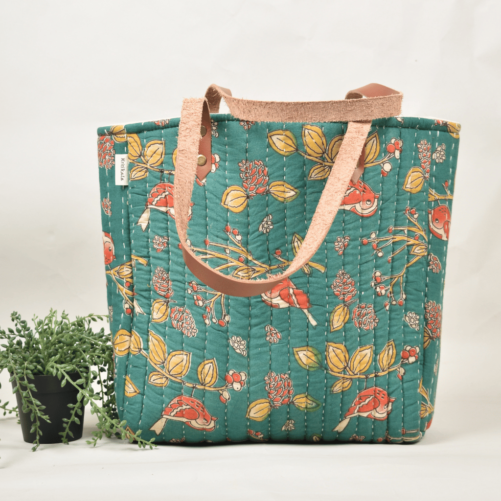 Green Tapti Hand Quilted Large Tote Bag - back