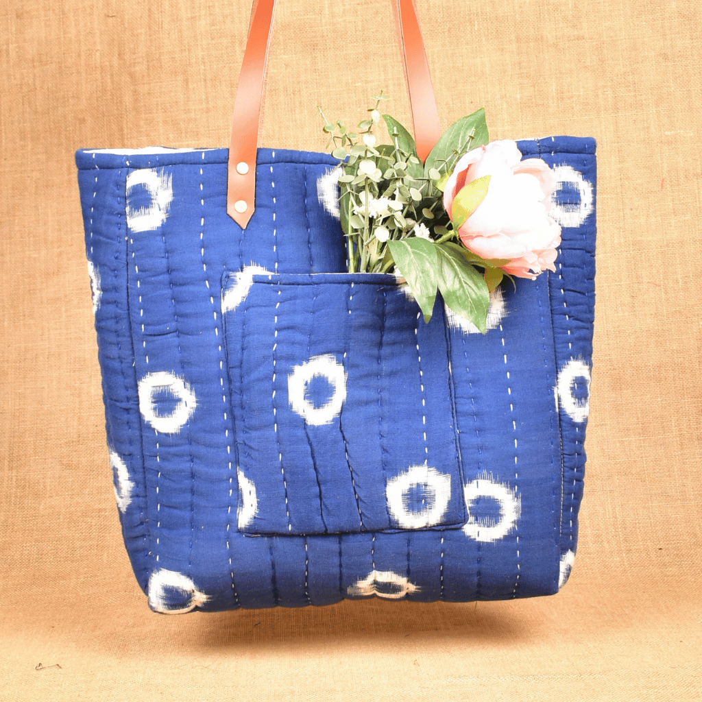 Navy Blue Tapti Hand Quilted Large Tote Bag - front