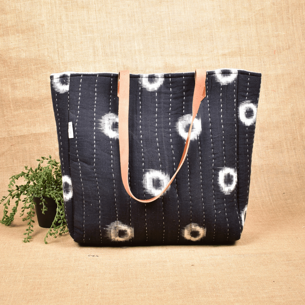 Black Ikat Tapti Hand Quilted Large Tote Bag - back