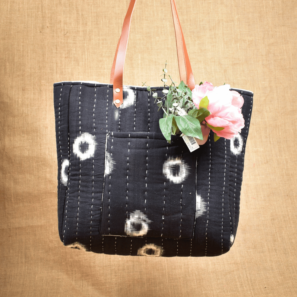 Black Ikat Tapti Hand Quilted Large Tote Bag - front