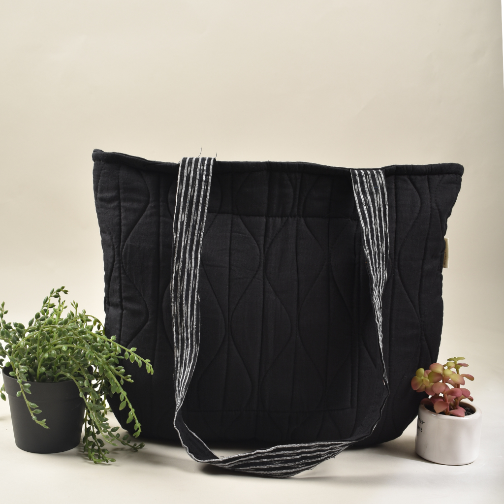 Black colour quilted flat bag-back
