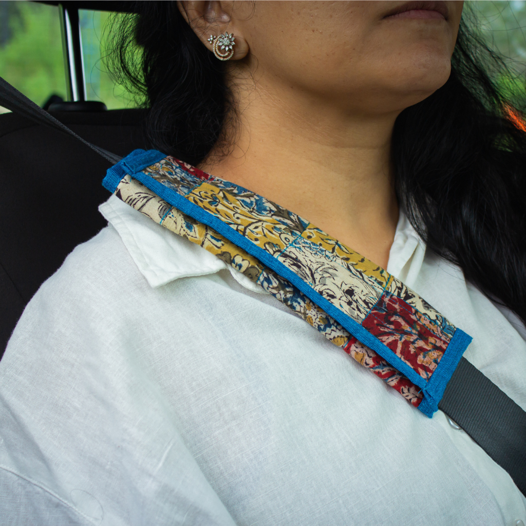 Fridge door handle cover or car seat belt shoulder pad in blue cotton - seat belt