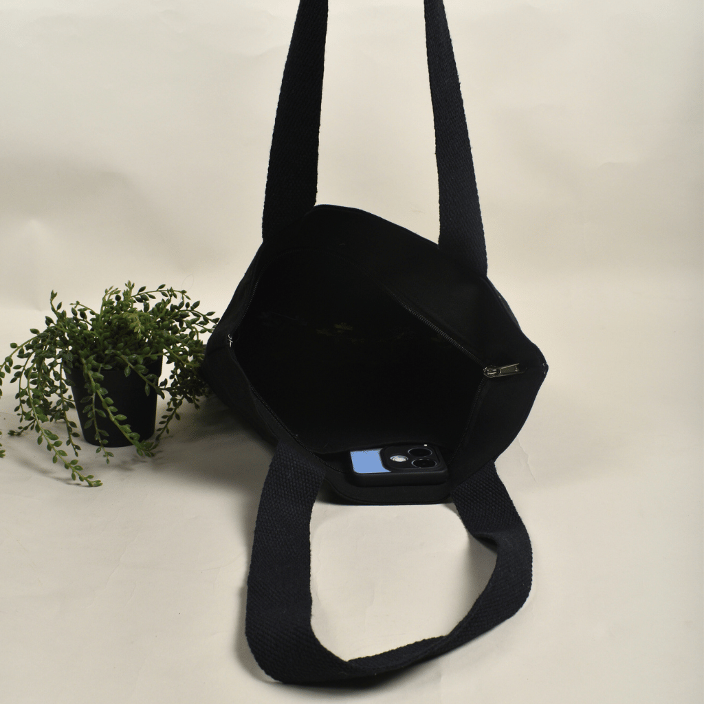 Black canvas embroidery tote bag - with zip
