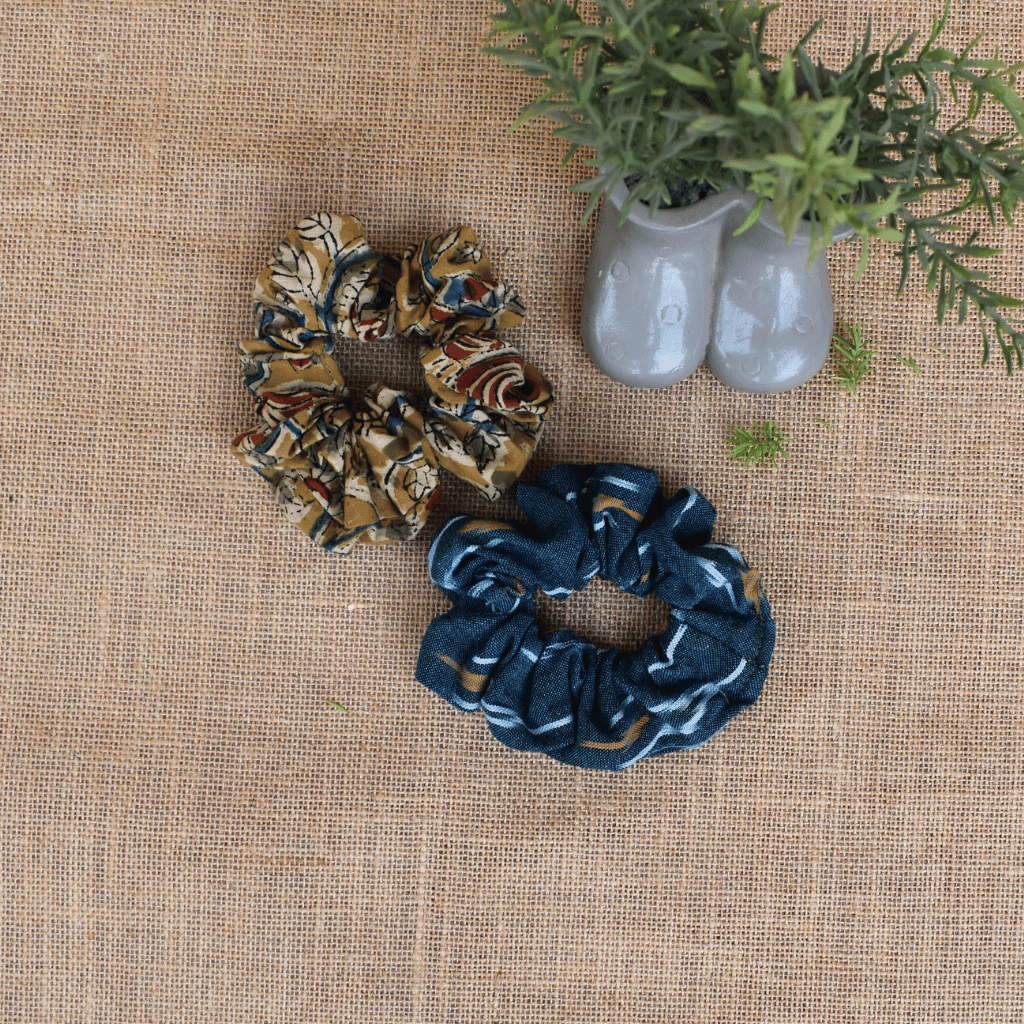 Blue Ikat & Yellow Kalamkari Scrunchies