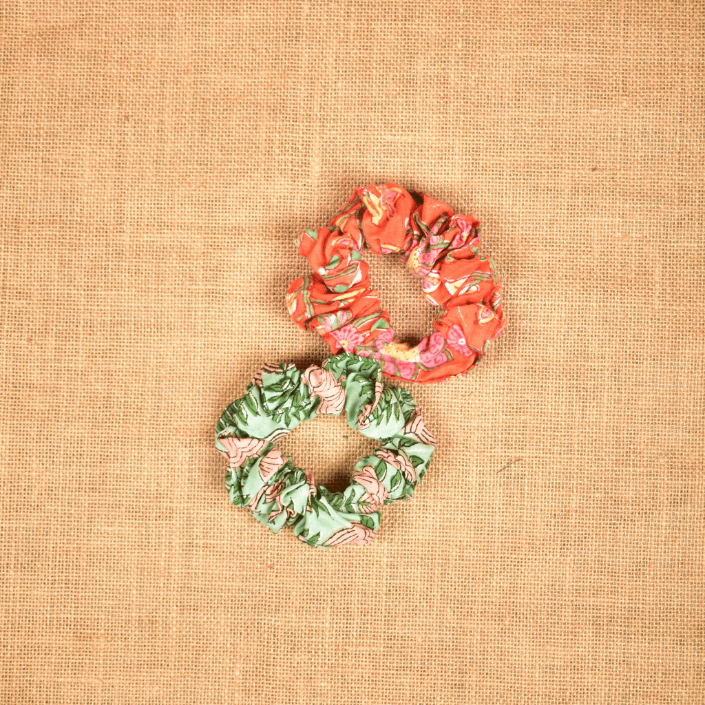 Orange and green block print scrunchies - pair