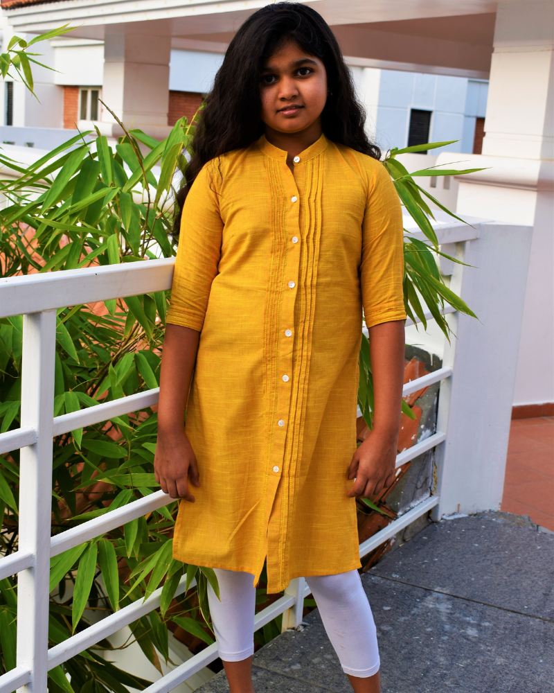 Handloom Yellow Girls Kurta With Pintucks