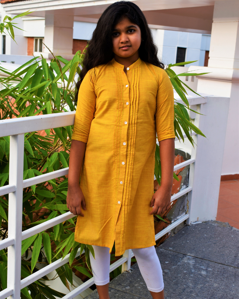 Yellow Girls Kurta With Pintucks