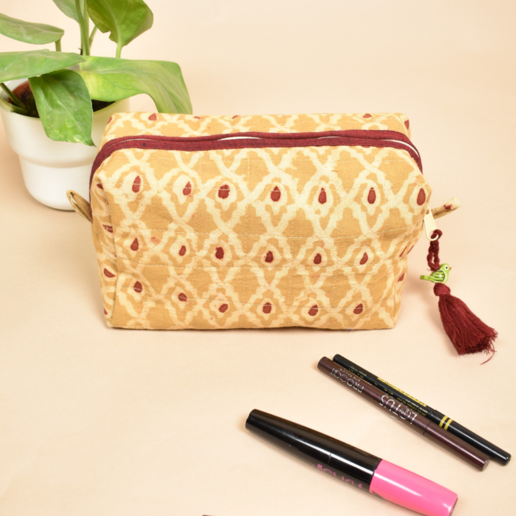 Yellow kalamkari Travel Pouch - front