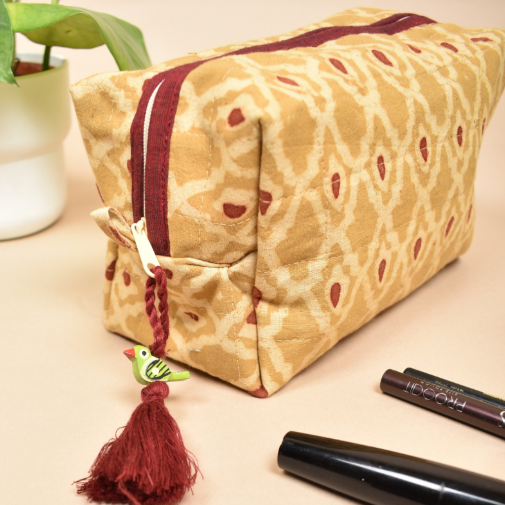 Yellow kalamkari Travel Pouch - tassel