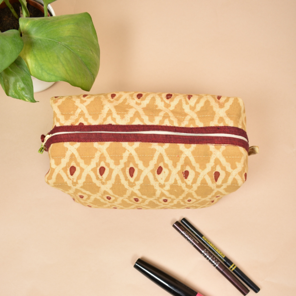 Yellow kalamkari Travel Pouch - top