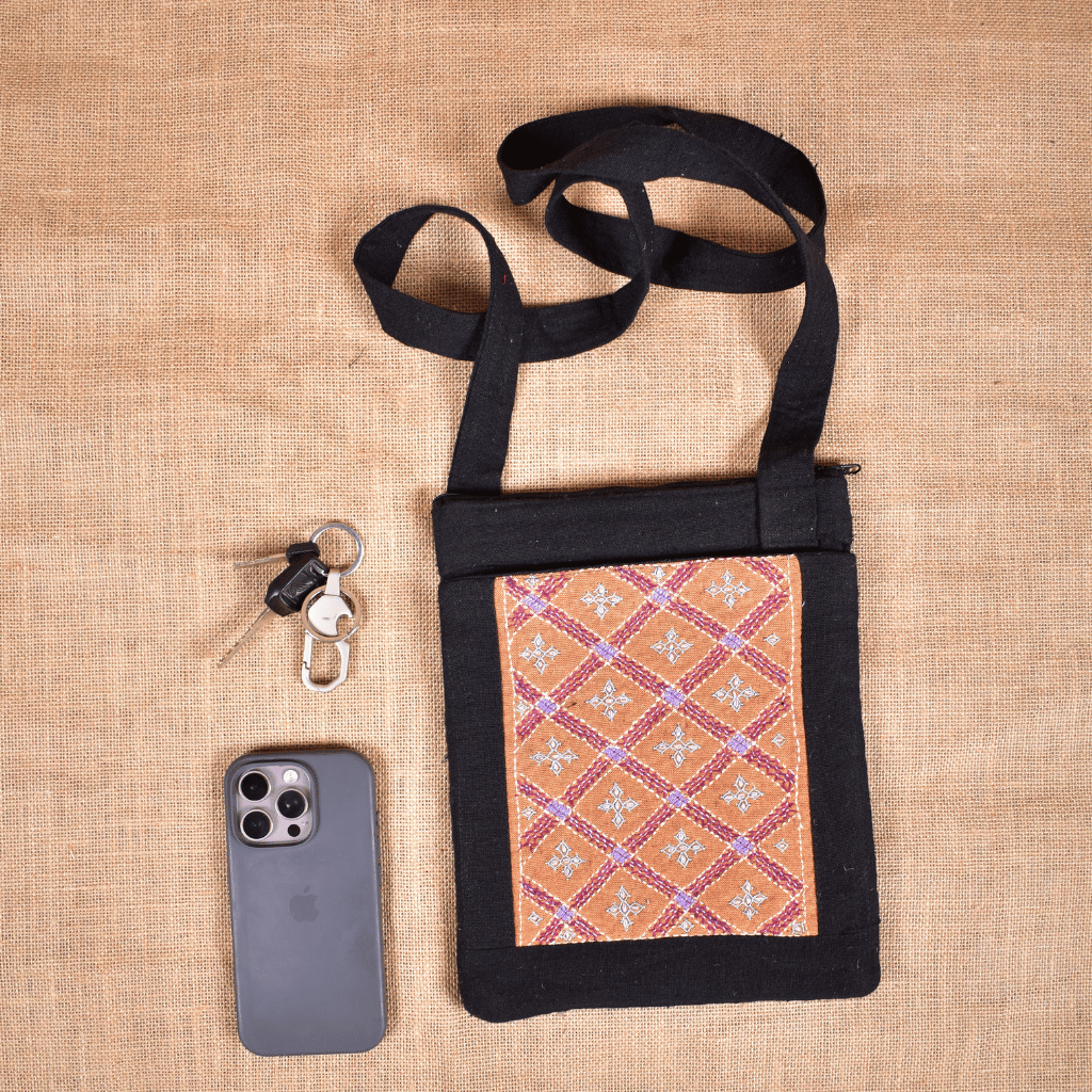 Black Embroidery cotton sling bag cum phone pouch - pockets