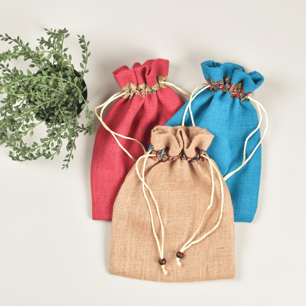 Charming flat jute potli bags in assorted colours