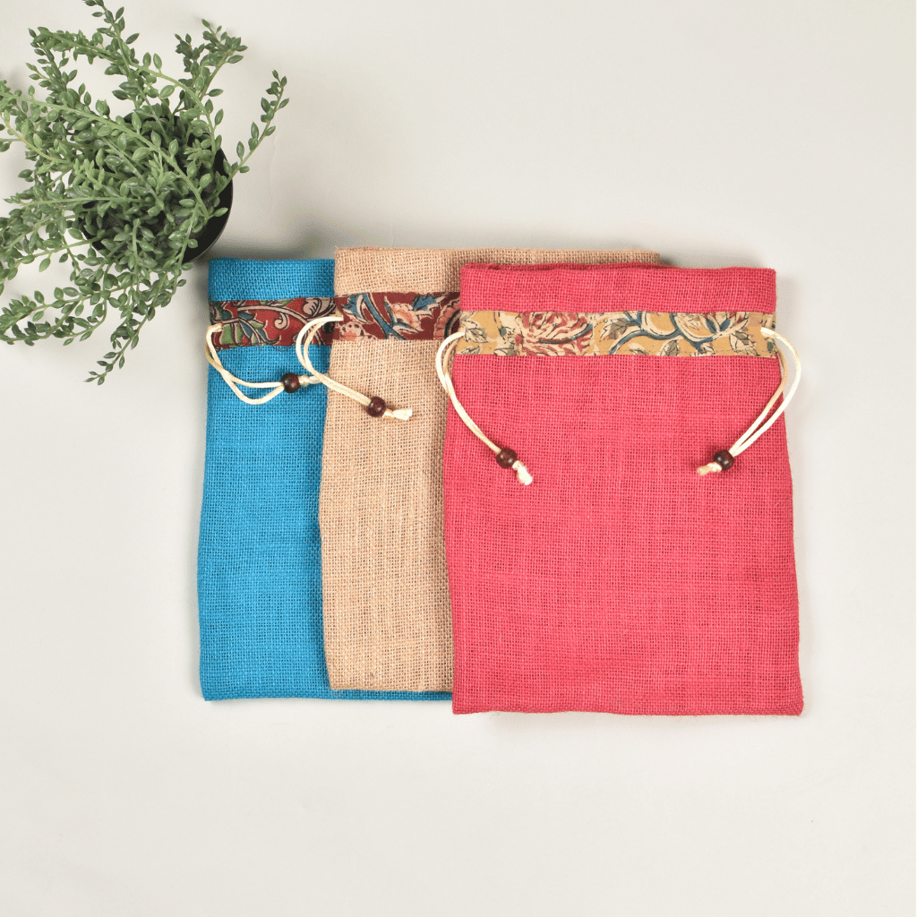 Charming flat jute potli bags in assorted colours