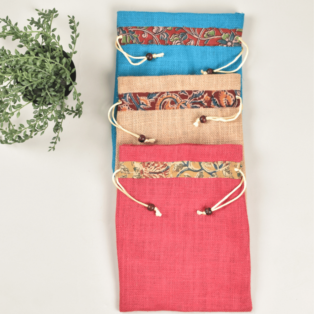 Charming flat jute potli bags in assorted colours