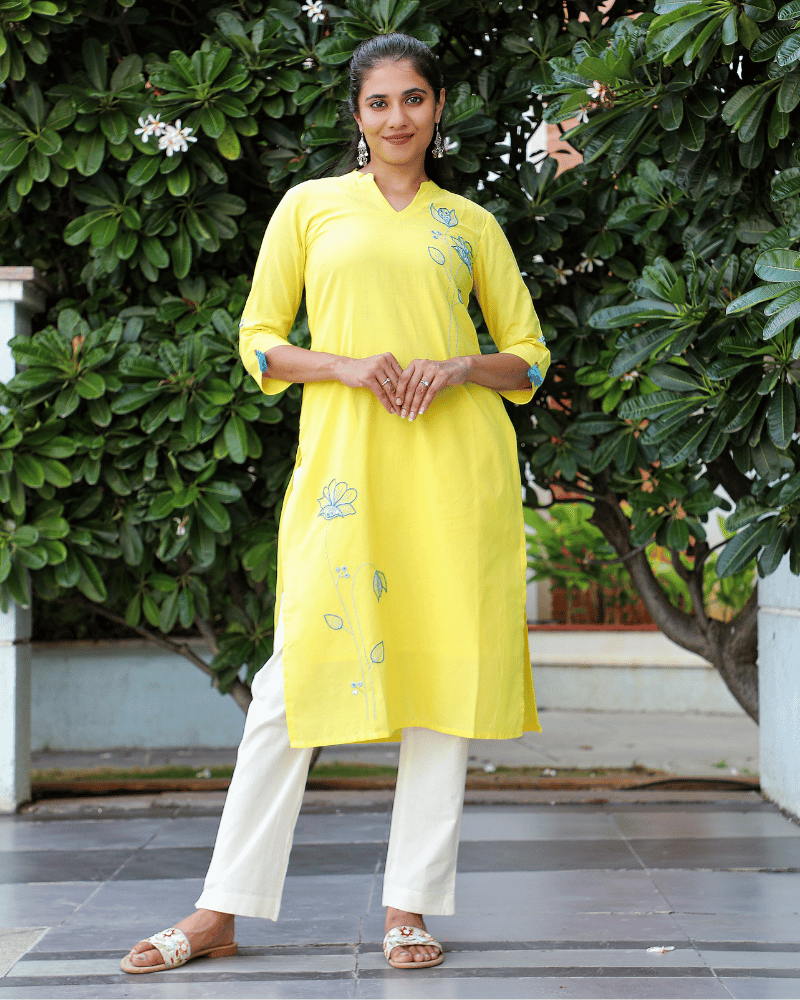 Yellow V Neck " Handloom Kurta" - front