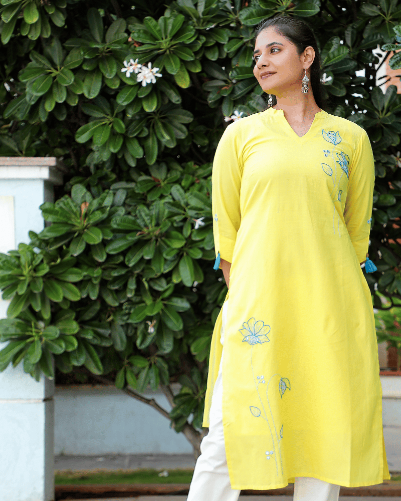 Yellow V Neck " Handloom Kurta" - neck
